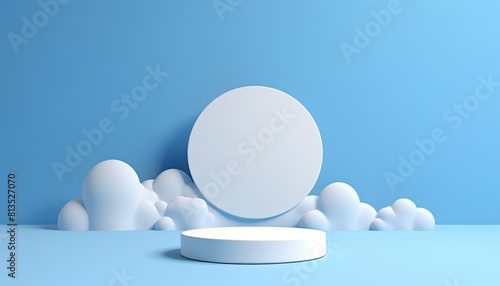 Modern podium with white clouds for product display on the blue background  minimal white cloud  podium for showcase product display
