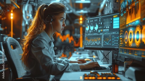 A professional woman working intently at her desk with a vintage computer displaying graphs, surrounded by complex retro-futuristic machinery with orange accents. Generative AI.