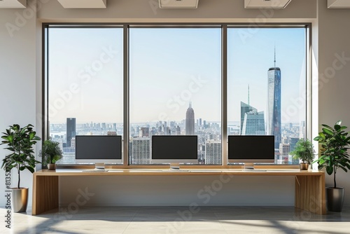 Workspace Interior with Panoramic Window created with Generative AI © dendyh7