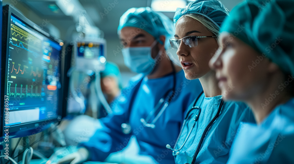 Emergency room doctors collaborating urgently over a patients case with monitors in the background. negative space Emergency room doctors collaborating urgently over a patients case with monitors in the background. negative space