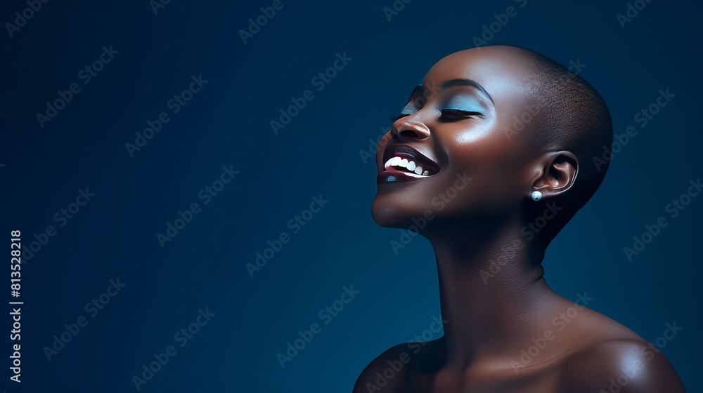 Beautiful, sexy, happy smiling dark-skinned African American woman with perfect skin and short haircut, on a dark blue background, banner. Beautiful, sexy, happy smiling dark-skinned African American woman with perfect skin and short haircut, on a dark blue background, banner.