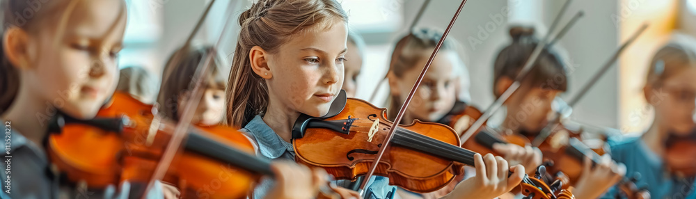 Group of children with a teacher practicing violin in a school music room filled with instruments. negative space Group of children with a teacher practicing violin in a school music room filled with instruments. negative space