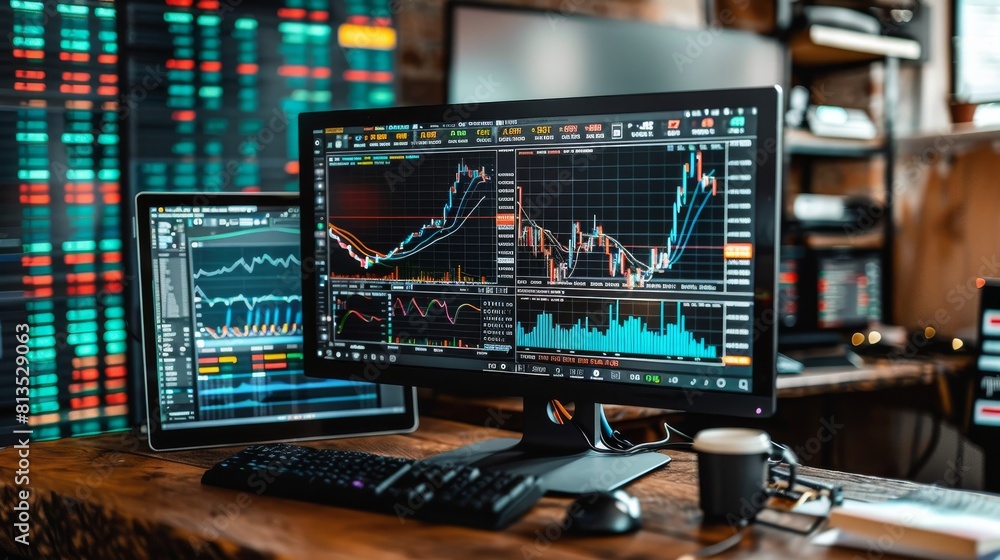 Two computer monitors on a desk show complex financial charts and trading data against a backdrop with more data screens Two computer monitors on a desk show complex financial charts and trading data against a backdrop with more data screens
