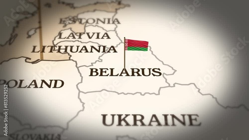Belarus flag showing on world map with 3d rendering photo