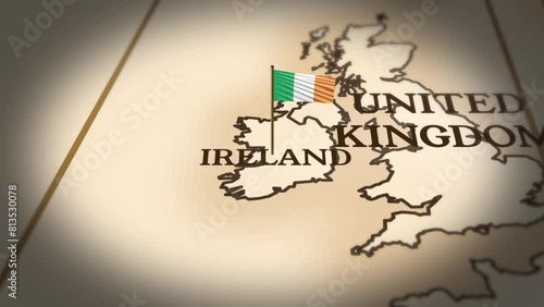 Ireland flag showing on world map with 3d rendering photo