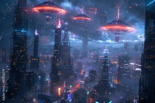 Sparkling UFO armada descending on a cyberpunk galaxy city, neonlit skyscrapers under starlit sky