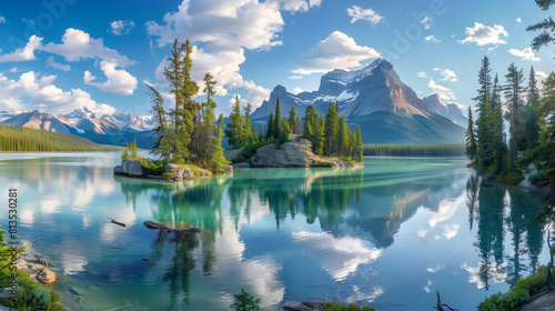 Majestic Lake Surrounded by Mountains and Trees