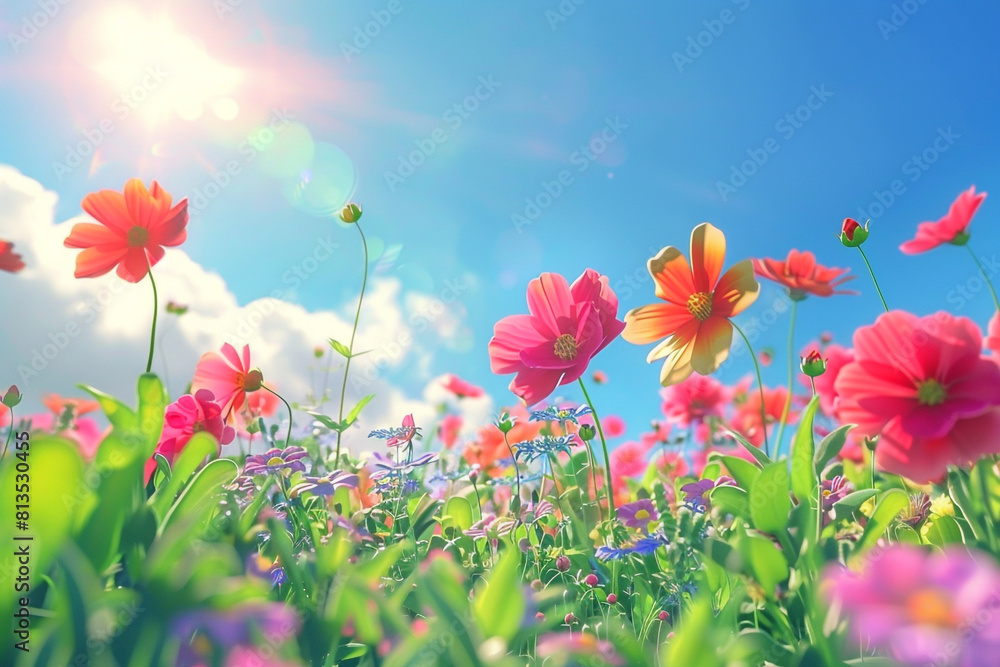 3d Animation cartoon happy spring flowers in blue sky Green summer spring landscape Animated background 3d Animation cartoon happy spring flowers in blue sky Green summer spring landscape Animated background