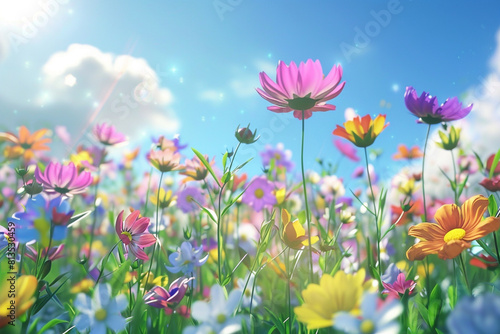 3d Animation cartoon happy spring flowers in blue sky Green summer spring landscape Animated background 