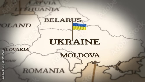 Ukraine flag showing on world map with 3d rendering
