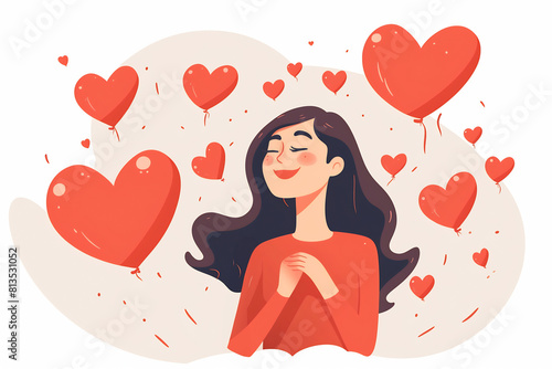 Illustration of a woman in love. Fall in love, emoji, facial expression, emotional face. Flat style illustration. Hearts