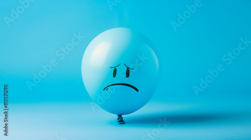 Trauriger Smiley Gesicht mit Tränen symbolisch auf Gegenstand Ei Luftballon mit negativem Emoji Regenschirm zerknüllter Zettel Generative AI