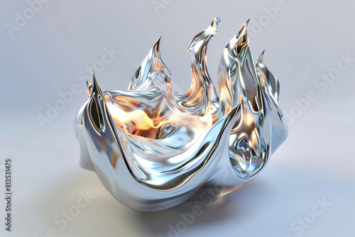 3d chrome metal of y2k fire icon Flame shape in liquid mercury 3d rendering illustration of abstract neo tribal cyber sigil metallic melted modern burn form photo