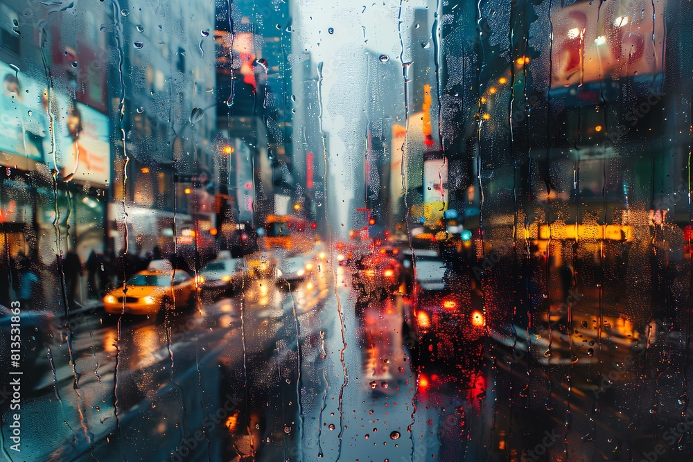Rainy City Street View Through a Wet Window,View of a busy city street during a rainstorm, seen through a window covered in raindrops, capturing the urban glow and reflections.

