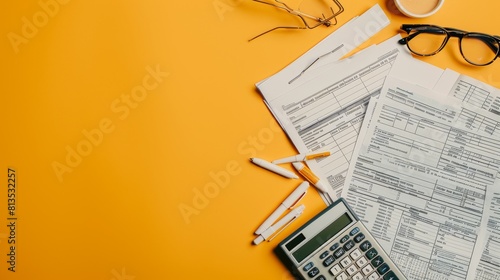 A flat lay view of tax forms, calculator, glasses, and pens on a vibrant orange background, suggesting tax preparation