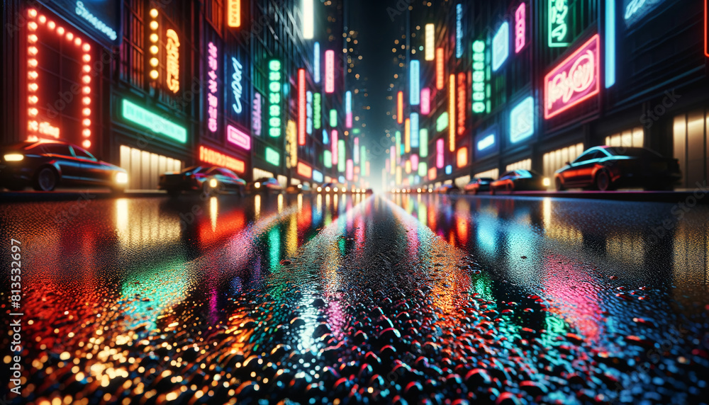 Obraz premium Neon Reflections on Wet Asphalt 