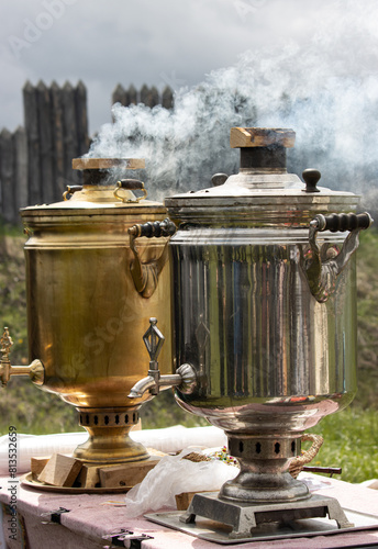 samovar with tea in nature. photo