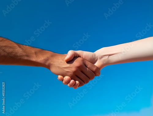 Two hands intertwined, one black hand and one white hand, with a sky background. Concept of signing peace