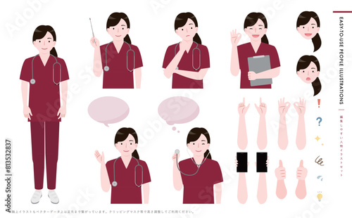 赤いスクラブと聴診器を身に着けた看護師・医者・女性医師のアイコンイラスト_説明・診察など