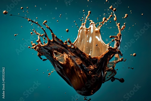 Splash of coke or coffee in a studio photo with blue background