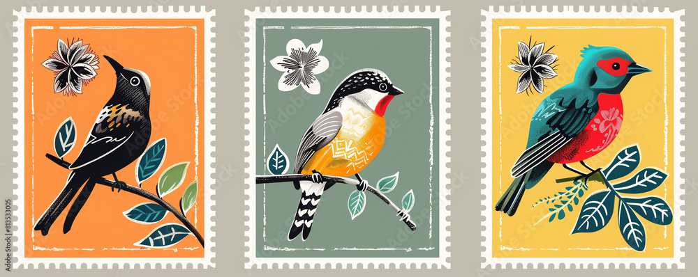 Obraz premium Set of old postage stamps with birds, row of vintage collection stamps, generated ai