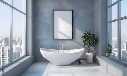 A modern bathroom with a white bathtub  framed poster on the wall  and a large window with city view 