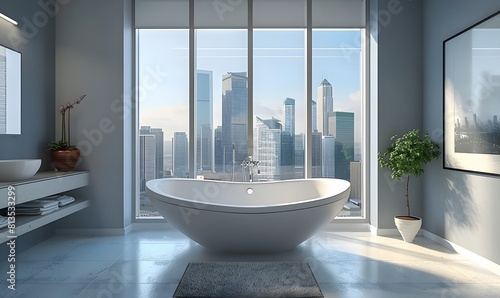 A modern bathroom with a white bathtub, framed poster on the wall, and a large window with city view, © Lucky Ai