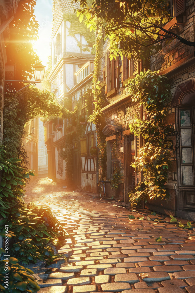 A 3d game style of a beautiful european street with warm sunlight, for background 