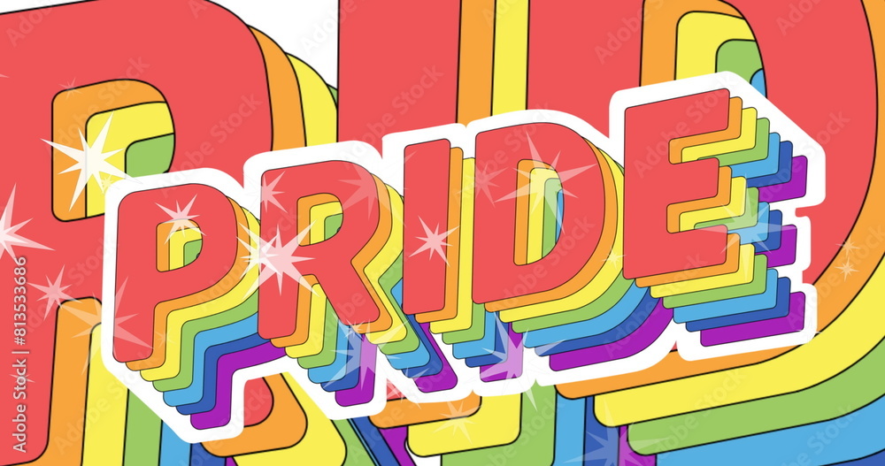 Image of repeated pride text in rainbow colours moving with white stars Image of repeated pride text in rainbow colours moving with white stars