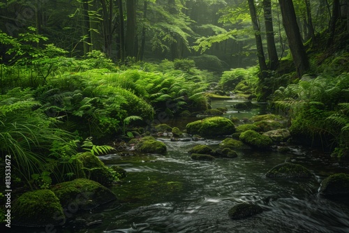 A tranquil forest stream winding through moss-covered rocks and lush greenery