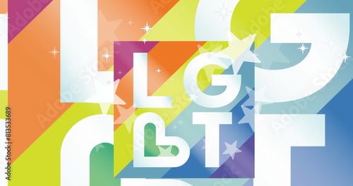 Image of lgbt text in white on colourful stripes with white stars