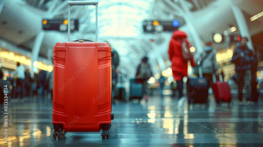 A vibrant red suitcase in an airport, against a blurred background of hurried passengers. The composition highlights the suitcase, evoking a sense of adventure and excitement. Generative AI. A vibrant red suitcase in an airport, against a blurred background of hurried passengers. The composition highlights the suitcase, evoking a sense of adventure and excitement. Generative AI.