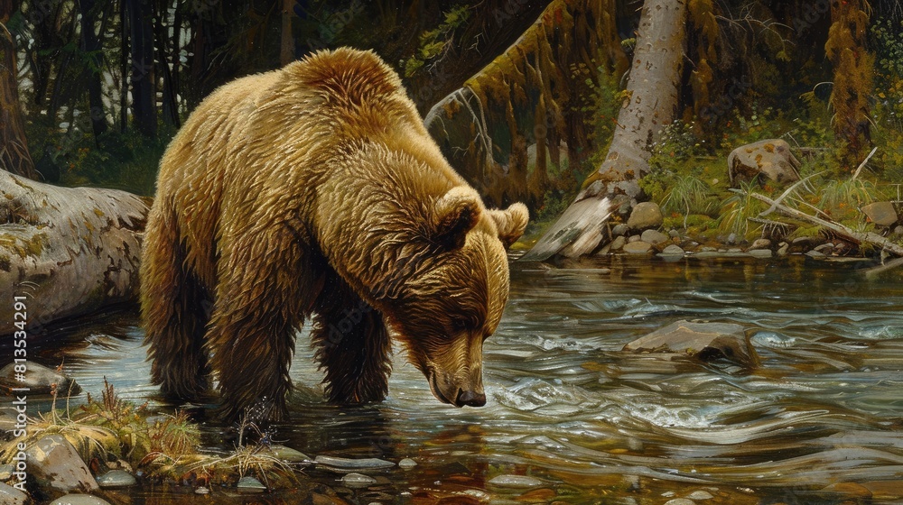 A young brown bear is fishing in the river. A young brown bear is fishing in the river.