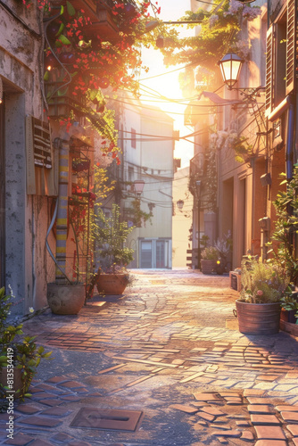 A 3d game style of a beautiful european street with warm sunlight  for background 