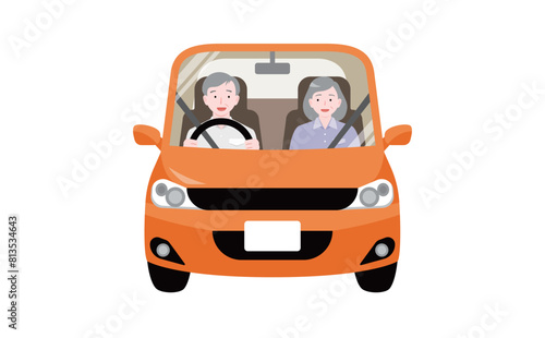 シニア夫婦が笑顔でオレンジ色の自動車に乗り、高齢者運転・ドライブしているイラスト