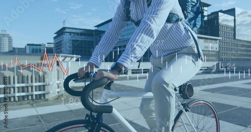 Image of financial data processing over biracial businessman on bike