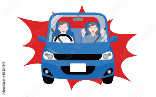 シニア夫婦の乗る青の自動車が危険運転・事故に遭うイラスト_危険な高齢者運転イメージ