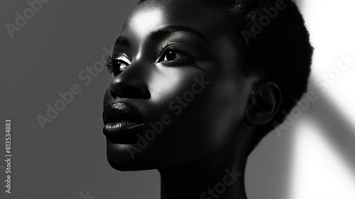 Striking monochrome portrait of a African American woman with contrasting shadows and highlights.