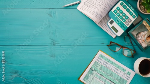 A well-organized turquoise workspace featuring tax forms, calculator, eyeglasses, and a cup of coffee ready for financial duties