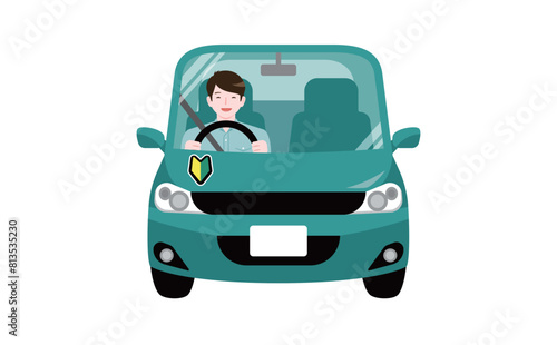 1人で初心者マークをつけて車を運転する男性ドライバーのイラスト_自動車・安全運転