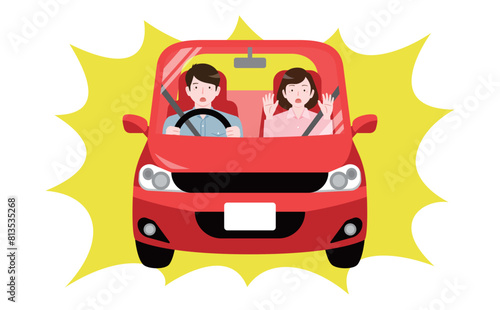 急ブレーキでの危険・事故をイメージした車でドライブするびっくり驚く夫婦家族のイラスト_正面向き