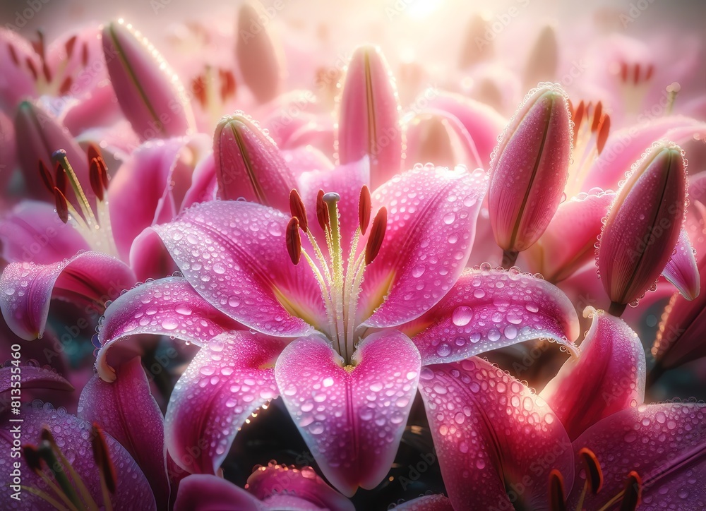 An image of pink Oriental Lily flowers covered with dewdrops An image of pink Oriental Lily flowers covered with dewdrops