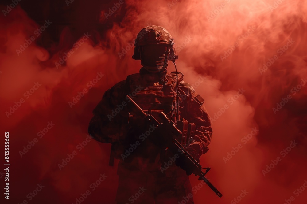 A soldier standing in a cloud of smoke, suitable for military or war concepts