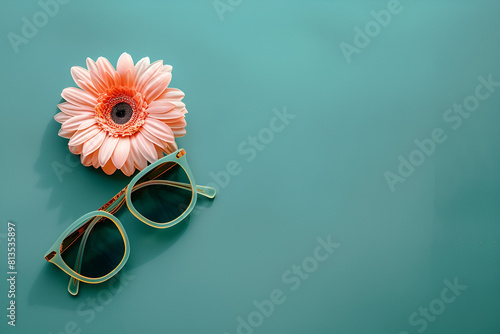 sunglasses and pink flower lay on a green background, in the style of light teal and dark orange, minimalist backgrounds, organic designs, nature-inspired pieces, dark orange and beige, innovative pa photo