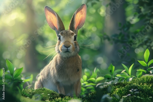 A rabbit sitting peacefully in a vibrant forest setting. Suitable for nature and wildlife themes
