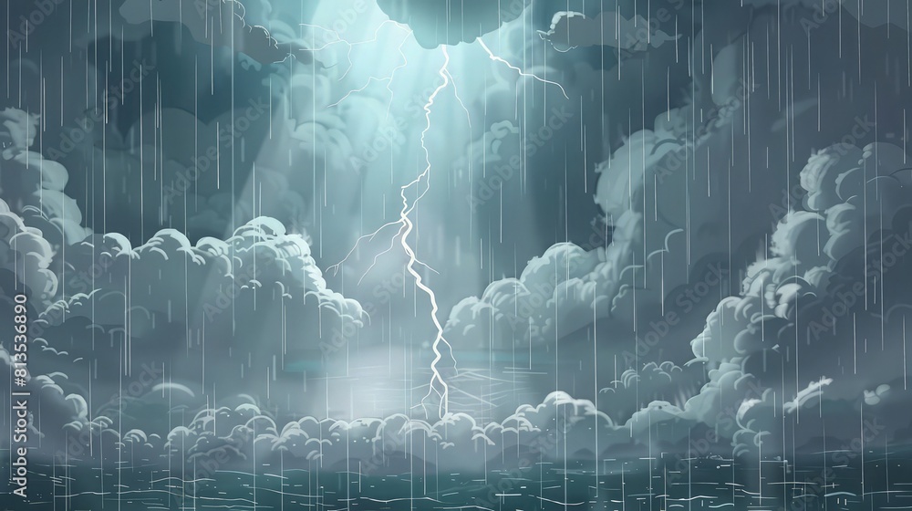 Fototapeta premium A bright lightning strike illuminates the dark stormy sky over a turbulent ocean for use in weather reports and dramatic climate backgrounds.