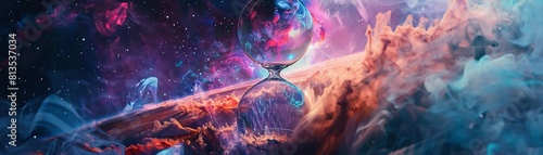 Abstract hourglass clock, sculpted from ethereal smoke particles Floating in a space nebula, showcasing the transience of time Surrealistic concept art, silhouette lighting, chromatic aberration