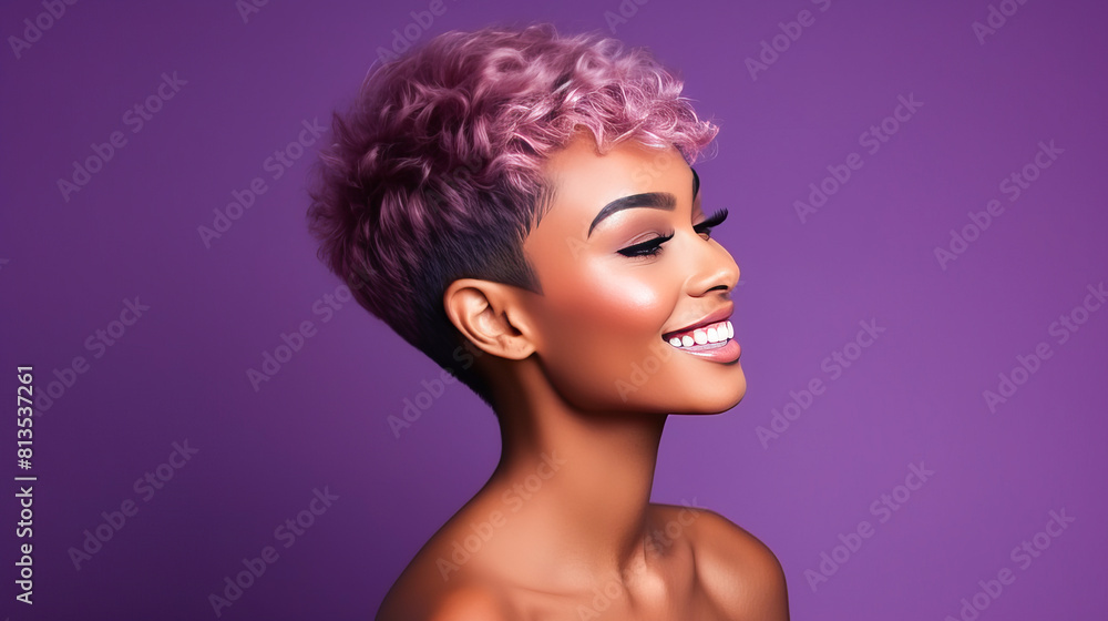 Beautiful, sexy, happy smiling dark-skinned African American woman with perfect skin and red hair, on a purple background, banner. Beautiful, sexy, happy smiling dark-skinned African American woman with perfect skin and red hair, on a purple background, banner.