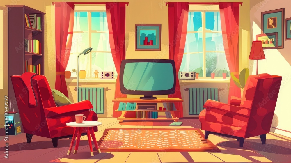 Morning living room with TV in modern home Vector cartoon illustration of home interior decoration. Morning living room with TV in modern home Vector cartoon illustration of home interior decoration.