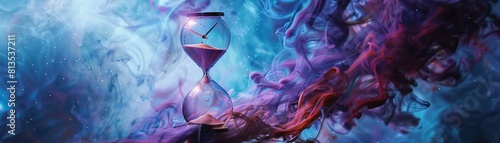 Abstract hourglass clock, sculpted from ethereal smoke particles Floating in a space nebula, showcasing the transience of time Surrealistic concept art, silhouette lighting, chromatic aberration photo